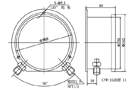 CYW-152B-FZ不锈钢耐振差压表0-1.6MPa径向型II型安装图片