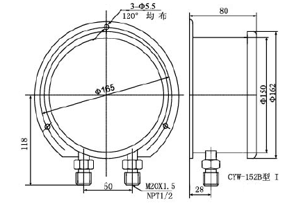 CYW-152B不锈钢差压表0-100KPa径向型I型安装图片