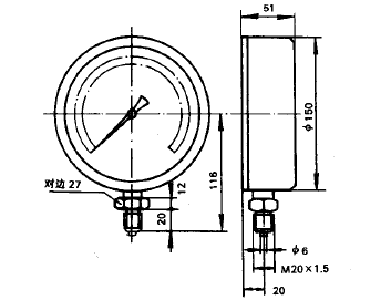 YB-150A精密压力表安装图片及尺寸