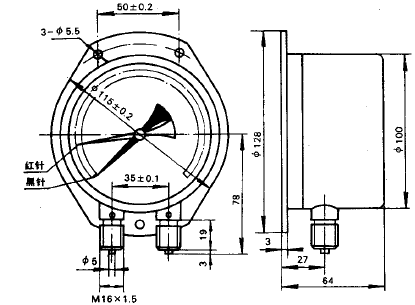 YZS-102双针双管压力表0-1600KPa安装图片